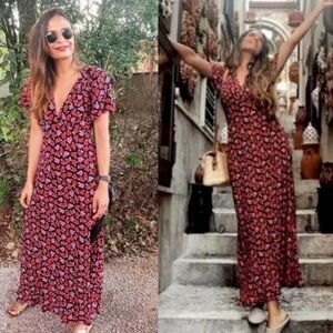 Zara Floral Roses V-Neck Midi Dress